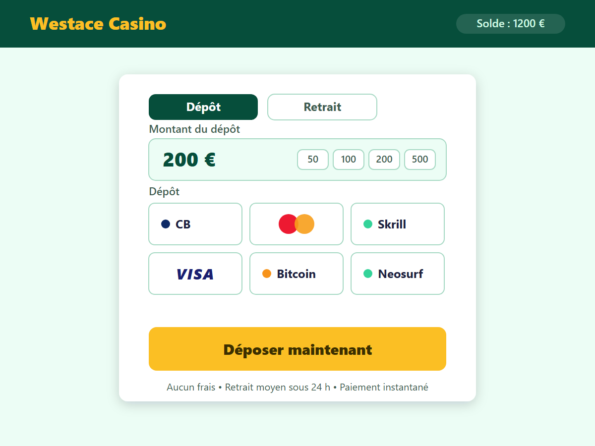 Page de dépôt Westace Casino — méthodes de paiement